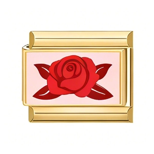 Italian charm link featuring a golden stainless steel finish with a red rose pattern