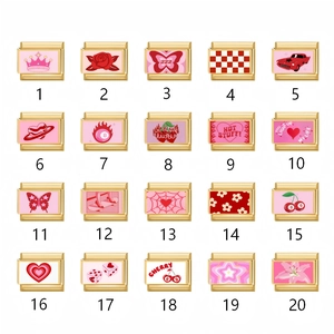 Italian charm bracelet links set with 20 pink and gold icons like crowns and flowers