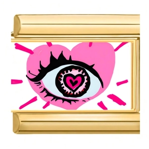 Maglia charm italiana dorata con cuore rosa e motivo artistico a forma di occhio