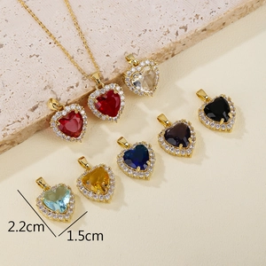 Colorful halo heart necklace with zircon stones and gold chain shown in multiple colors