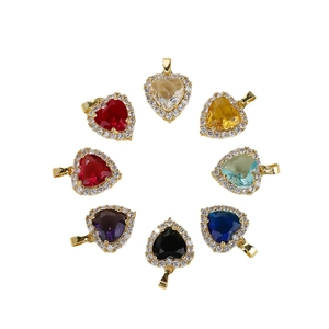 Set of eight heart-shaped zircon pendants in various colors with a gold halo setting