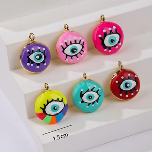 Set of 1.5cm circular evil eye enamel pendants with gold edges for DIY jewelry making
