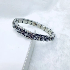 Italian style stainless steel modular link bracelet with silver butterfly and pearl charms