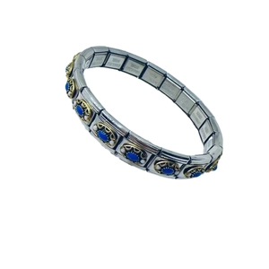 Bracelet modulaire italien rétro en acier inoxydable avec pierre bleue et bordure dorée