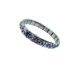 Vintage stainless steel modular bracelet with Italian style flower patterns and blue enamel