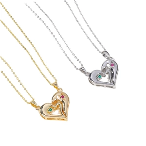 Matching heart necklaces in gold and silver with magnetic clasp and colorful gemstones