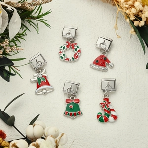 Christmas Italian Charm Links Stainless Steel Enamel Pendants For DIY Bracelet Making Bell Wreath Hat Candy Jewelry Charms