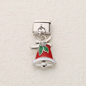 Italian modular charm featuring a red enamel Christmas bell with green leaves and rhinestone