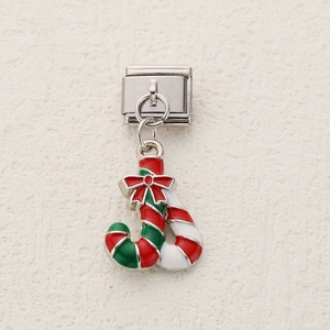 Christmas candy cane charm with red bow on stainless steel modular charm bracelet