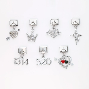 Silver alloy heart and star charm pendants with rhinestones for modular DIY bracelets