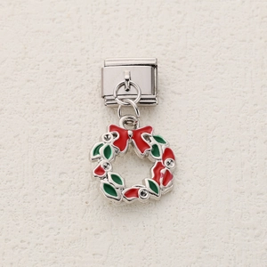 Italian modular charm featuring Christmas wreath design with red bow on silver base