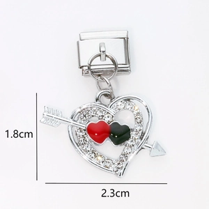 Italian modular DIY heart charm with cupid arrow and zircon stones in 1.8x2.3cm