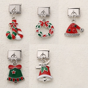Christmas Italian charm bracelet links featuring enamel candy cane and wreath designs