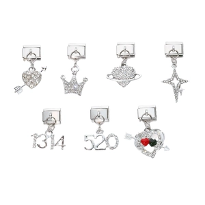 Italian charm bracelets set featuring silver heart stars and numbers with cubic zirconia