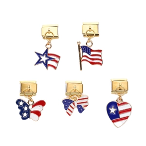 Five-piece US flag charm set with heart, star, and butterfly for Italian modular bracelets