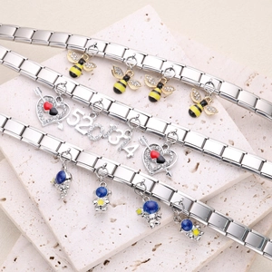 Stainless Steel Italian Charm Bracelet For Women Men Modular Link Bracelet Enamel Rhinestone Bee Astronaut Heart Pendant Jewelry