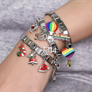 Italian modular stainless steel charm bracelet with colorful enamel and rhinestone pendants