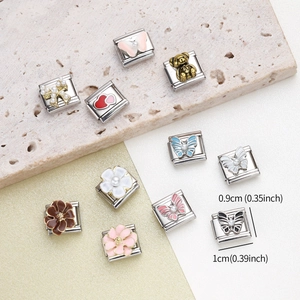 Italian modular stainless steel charms with enamel butterflies, flowers and gold bears