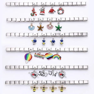Italian charm bracelet in stainless steel with colorful enamel pendants and charms