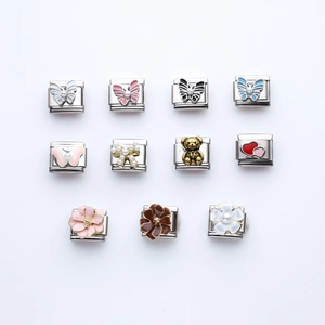 11-piece set of Italian charm links with butterflies, flowers, and bear for DIY bracelets