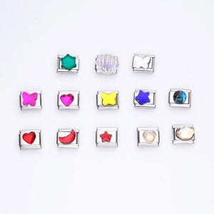 Italian modular charm bracelet links in stainless steel with colorful resin and crystals