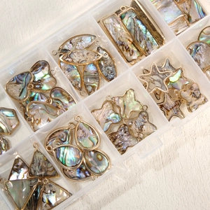 Assorted abalone shell geometric pendants with gold-plated borders in a storage box
