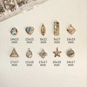 Gold-plated geometric abalone shell charms in 10 shapes with detailed size markings