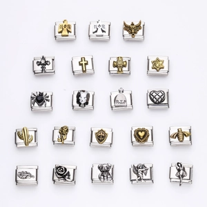 Italian modular stainless steel charms with cross, rose, and cupid designs for DIY bracelets