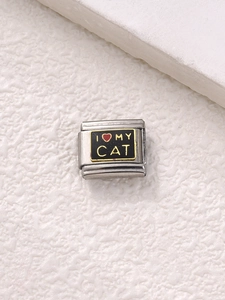 Detail of stainless steel Italian charm link with I Love My Cat enamel design