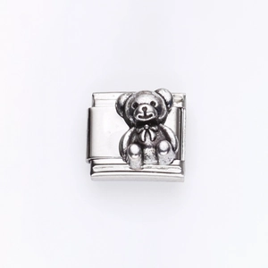 Vintage stainless steel modular bracelet link featuring a 3D teddy bear with bow relief