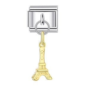Italiaanse bedel met gouden Eiffeltoren hanger op een roestvrijstalen modulaire basis