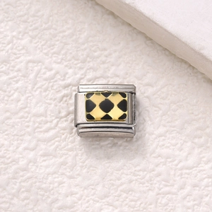Italian charm bracelet link in stainless steel with gold and black diamond pattern