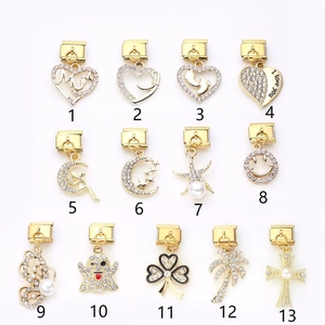 Set of 13 gold Italian charm link pendants with rhinestones and pearls for DIY bracelets