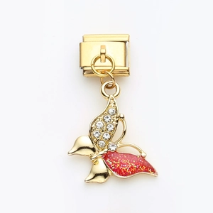 Golden butterfly modular link charm with red enamel and sparkling crystal accents