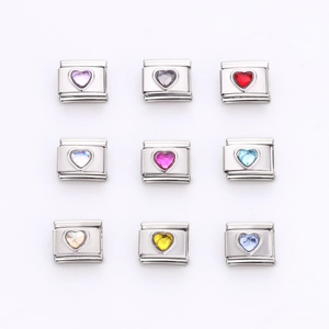 Set of 9 stainless steel Italian charms with colorful heart crystals for DIY bracelets