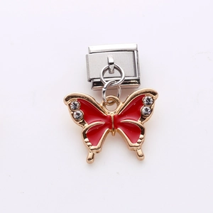 Pendentif papillon émaillé rouge en or et argent avec strass pour bracelets modulables