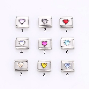 Italian modular stainless steel charms with heart-shaped colorful gemstones in 9 styles