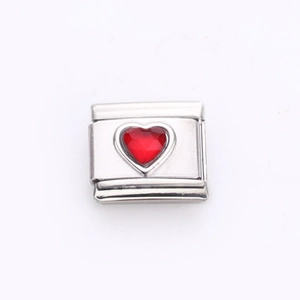 Italian charm bracelet link in stainless steel featuring a red heart gemstone