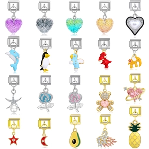 Italian modular charm links in stainless steel featuring heart and animal enamel designs