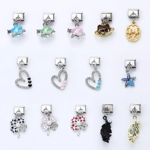 Detailed selection of Italian modular stainless steel charms with enamel and rhinestones