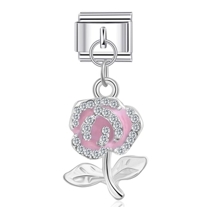 Detail of Italian charm link featuring a pink enamel rose with sparkling zircons