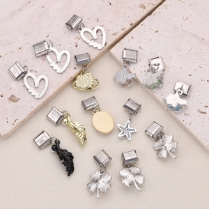 Italian charm bracelets with modular stainless steel butterfly and clover pendants