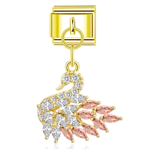 Detailed view of swan pendant charm with pink crystals for modular steel bracelets