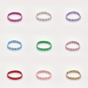 Nine colorful matte finish Italian stainless steel charm bracelets in a grid layout