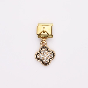 Module de bracelet italien avec pendentif trèfle doré serti de zircons brillants et fins