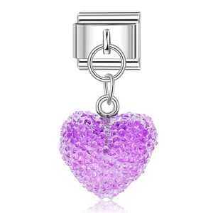 Italian charm bracelet link with shiny purple pave crystal heart pendant in stainless steel