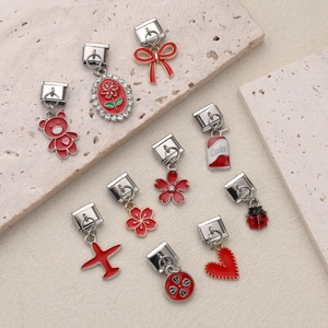 Italian Style Red Enamel Stainless Steel Charm Pendant Heart Bow Airplane Flower Modular Bracelet Link DIY Jewelry Finding
