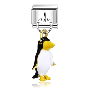 Italian modular charm featuring a cute enamel penguin pendant in polished stainless steel