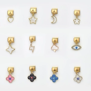 Gold Italian charm links with moon, star, and clover designs for DIY modular bracelets