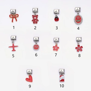 Set of 10 red stainless steel Italian modular charms featuring heart and animal designs